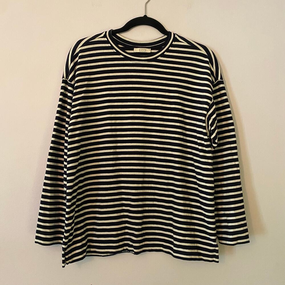 AYR Blue White Stripe Boxy Sweater Pullover Minimalist Nautical Cotton Large